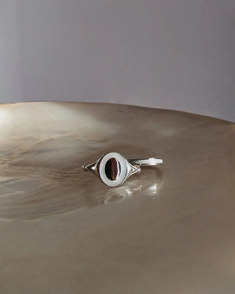 Silver remembrance ring with a circular design on a textured surface.