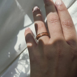 Hand with a memorial ring on a white background.